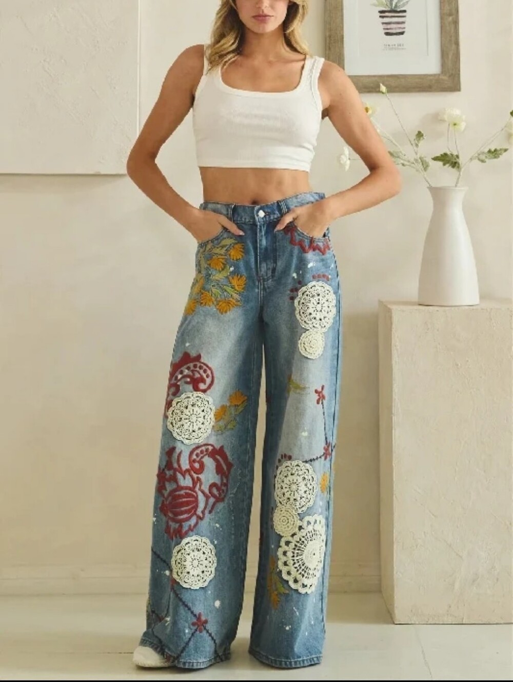Oli & Hali Denim Wide-Leg Jeans with White Crochet & Multicolor Embroidery NWOT
